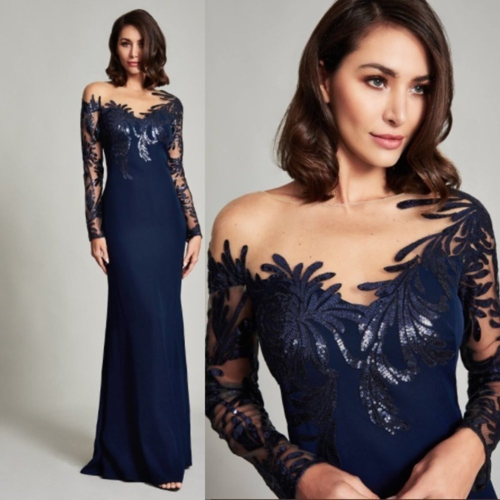 NWT Tadashi Shoji Zelter ASYMMETRIC FLORAL LONF SLEEVE GOWN DRESS NAVY SIZE 4